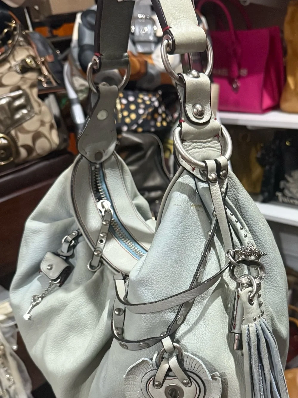 Juicy Couture Vintage Slouchy Leather Hobo bag in a Soft light blue gray tone